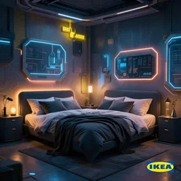 IKEA catalogue photo of a cyberpunk bedroom, by Paul Lehr, 8k, HD, realistic, cinematic, artstation, details