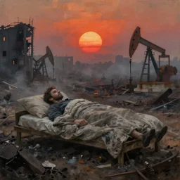 man waking up to realize that the world is over and all that is left is ashes all around him. the reddish orange sun creates a gray haze that illuminates all the fallen buildings oil painting 1 5 0 mpx