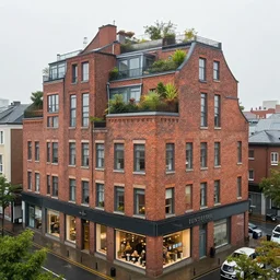 brick medium - height building, ground floor shops, residential apartments, rooftop garden. rainy atmosphere. sharp focus, smooth, hd, detailed, digital painting trending on art station.