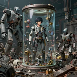 an intricate concept art of a human experiment inside a glass in a robot junkyard, cinematic, post - apocalyptic, hyper maximalist, matte painting, ultra detail, concept art, hyper realistic, cgsociety, hyper maximalist, artstation, deviantart, style by feng zhu and dylan cole, octane render, anime style