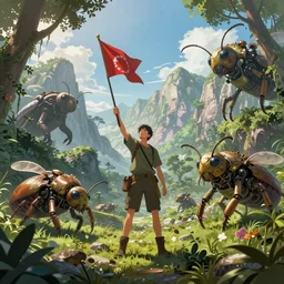an intricate concept art, illustration, fantasy man raising a flag in a mountain field, mechanical large insect biomes in the rainforest, megafauna, low - angle wide shot, ultra photorealistic, ultra sharp, artstation, cgsociety, masterpiece, anime colors, style by ivan talavera and wlop, octane render, 4 k