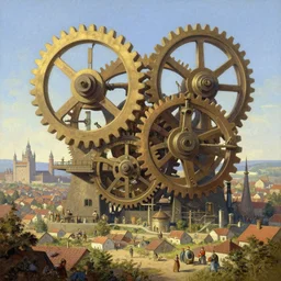 giant interlocked gears clockwork, giant mechanisms, industry, villages castles, buildings vista artstation illustration sharp focus sunlit vista painted by ruan jia raymond swanland lawrence alma tadema zdzislaw beksinski norman rockwell tom lovell alex malveda greg staples
