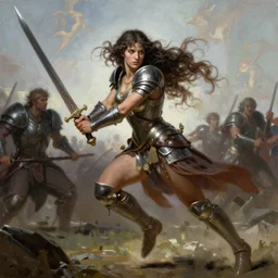 A full portrait of a very beautiful berserker woman, running into battle holding a sword, by Frank Frazetta, Greg Rutkowski, Boris Vallejo, epic fantasy character art, goddess of war, Exquisite detail, elven armor, post-processing, low angle, masterpiece, cinematic