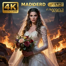 hyperrealist portrait of sylvanas windrunner wearing a wedding dress and holding a bouquet of flowers, in the background there is a valley in flames. by bayard wu, fantasy art, photo realistic, dynamic lighting, trending on artstation, poster, volumetric lighting, very detailed faces, 4 k, award winning