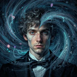 face of a magician by leyendecker, vortex fractal rivers of dissipative chaos, neon ink accents, realistic textured, fantasy, song of the sea style, celtic folk art, by brandon woelfel, avetetsuya studios, alexandra fomina artstation, by makoto shinkai, digital 2 d, matte painting