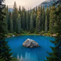 there is a single rock hovering above a clear blue lake in a clearing in the middle of an evergreen forest at dawn