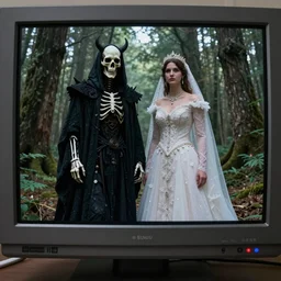 analog video footage of of the marriage between a death god and a war goddess in a forest on a crt monitor Hyper detailed Hyper Photorealistic High Resolution HD 8k post-processing