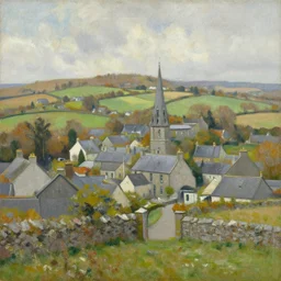 painting of a small town in rural Ireland in the style of Aleksander Rostov
