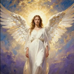 in the style of Joshua Middleton art, goddess, Evan Rachel Wood, pale, holy, angelic, gorgeous, full body white dress, symmetrical face, sky, high fantasy, warm lighting, analog photography, painting, gold, blue, white, purple