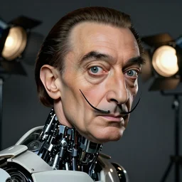portrait of salvador dali half robot,photorealiatic,hyperdetailed,hyperrealistic,studio lighting,studio photography,professional photography,professional lighting,detailed face,3 point lighting,4k,digital art,ultra realistic,ultra detailed,art by greg rutkowski,dramatic