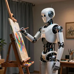 photo of robotic humanoid painter standing at his easel, canon 1 d, 5 0 mm, dramatic interior lighting