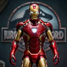 cinematic still of Ironman in Juassic World (2015), XF IQ4, f/1.4, ISO 200, 1/160s, 8K, RAW, dramatic lighting, symmetrical balance, in-frame