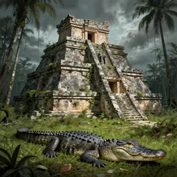 an overgrown and partially sunken aztec temple in the florida everglades, an alligator, dark, creepy, in a historical illustration style, detailed