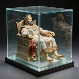 a beautiful tomb consists of a completely transparent glass cube in which the king's body has been perfectly preserved dressed in all his regal finery. there is no decay or blemish. his body is frozen in time and his body can clearly be seen by all sitting on his throne as perfect as in life