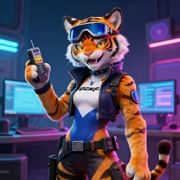 cyberpunk anthro tiger computer hacker spandex skater goggles cat person grinning netrunner tiger itsaunixsystem furry fursuit feline mizuki cat