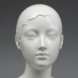 high detail, 8k, painted 1890s photo of a porcelain mannequin woman’s face, all white and shiny, cracked like an egg, in 3D