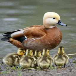 a bald headed duck, with chicks, photo