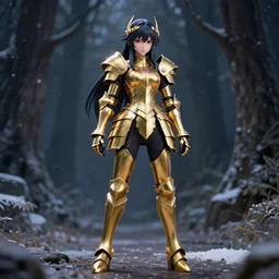 full body shot focus of beautiful darkness knight 3D anime girl, golden armor wearing, dark forest background, snowing, bokeh, inspired by Masami Kurumada, digital painting, high contrast, unreal engine render, volumetric lighting, high détail