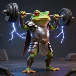 a frog warrior with armour standing on two feet and lifting weights, cinematic lightning, artstation, hyperrealistic, extremely detailed, 8 k, trending, matte painting,