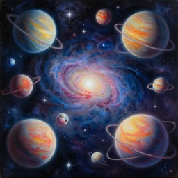 A highly detailed, very colorful, matte oil painting of outer space, with lots of planets, stars, galaxies, and nebulas, by Greg Rutkowski and Afremov