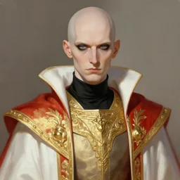 a bald pale sorcerer in his late ninetees. stately and dour in his expression. eyeliner accentuates his sunken eyes. a high black turtleneck covers his thin neck. opulent white golden red robe, gold decoration, sharp focus, digital painting, illustration, art by magali villeneuve
