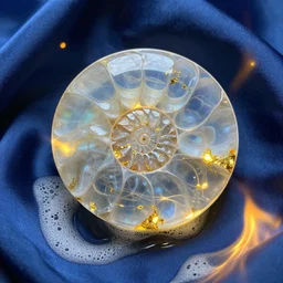 transparent marble obsidian ammonite fossil, blue silk, flowing water, glowing gold embers, spiritual vibes, glass flame, amaro, art nouveau, foamy