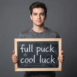 portrait photo of the person holding a chalkboard with the quote ( full puck is cool luck )