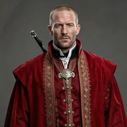 jason statham cast as dijkstra in the witcher netflix series wearing red fabric aristocratic clothing, extravagant