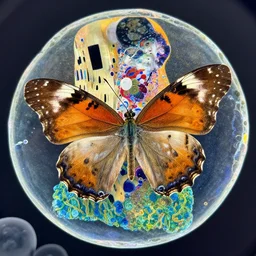 a drak butterfly in the microscopic world, electron microscopic microscope, chemicrystallization, houdini vfx, realism, by gustav klimt