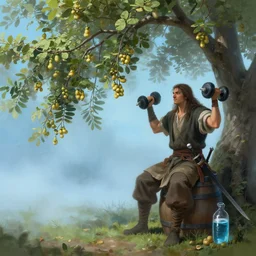 Digital painting of a bard picking nuts from a cashew tree. A swordsman sits on a beer barrel in the shade of the tree, lifting dumbbells filled with water. A blue freezing mist clouds the scene.