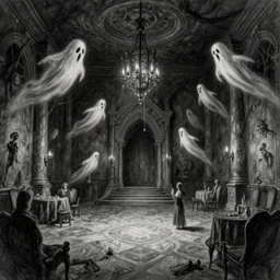 interior view of a dark and gritty surrealist castle ball room with ghosts and spectres flying all over the place, rough strokes, pencil texture, high contrast key, black and white hyper detailed charcoal art by greg rutkowski and artgerm