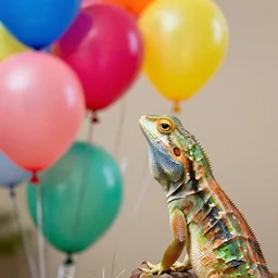Hillary Clinton lizard looking at brightly colored balloons, photo, detailed, 4k