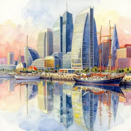 a beautiful insanely intricate watercolor illustration of modern port, reflexions, colorfull, by william turner art, by greg rutkowski, by peter gric, by marilyn manson, trending on artstation, insanely detailed, masterpiece,