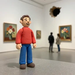 plasticine sculpture stop motion. clay models. man in red jumper and blue jeans 5 0 from left. gallery paintings of flowers. visitors. contemporary art gallery small hole in wall. salvador dali. high detail. photorealistic