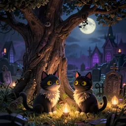 2 cute but spooky cats sitting next a large tree in the middle of a gothic graveyard, warm, glowing lights, tim burton style, trending on artstation, 8 k,
