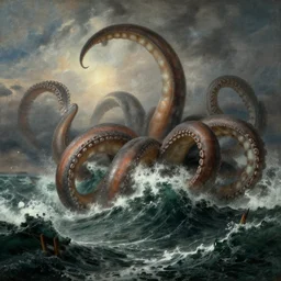 kraken with huge tentacles wildly thrashing around in the waves of a stormy ocean, by jmw turner