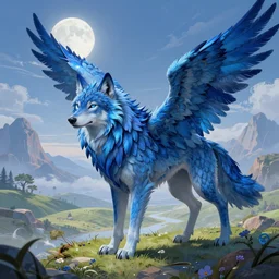 Blue feathered wolf with wings on a beautiful fantasy landscape, hills, mountains, moonlit, HD, illustration, epic, D&D, fantasy, intricate, elegant, highly detailed, digital painting, artstation, concept art, smooth, sharp focus, illustration, Greg Rutkowski, Jin Xiaodi, Anthony Devine, Yigit Koroglu