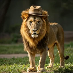 lion at the zoo wearing a hat, global illumination