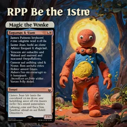 a clay humanoid creature approaching, painted by james jean and rene magritte ( rpg reference sheet ), style of magic the gathering, high contrast!, vibrant colors