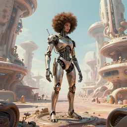 cinematic still of hyper detailed, a cyborg god visits an afro futurist, spaceport, surrealist aircraft, deep perspective, wide angle, insanely detailed and intricate, pastel color palette, bill sienkiewicz