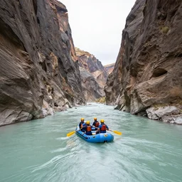a river raft floating through a deep canyon by moebius, clean long lines, ultra detailed