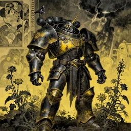 composition gothic of and futuristic, warhammer, cyber japan stule armor, scars, thunderstorm, black and yellow, many mechflowers, the middle ages, highly detailed, artstation, in the style of moebius, jugendstil and classic japanese print, art by jean delville, alfred wertheimer