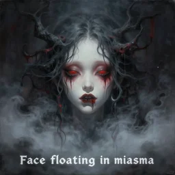 A beautiful detailed aesthetic horror portrait painting titled 'Face floating in miasma' description 'A demonic face floating in thick demonic fog' by Takashi Murakami and Takato Yamamoto, Trending on cgsociety artstation, cinematic lighting, 8k, masterpiece.