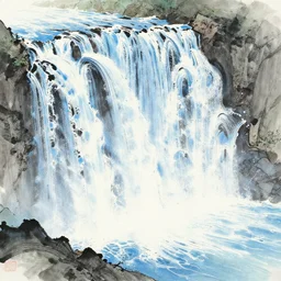 an endless waterfall, blue colour splash, painted with a thick brush, detailed sumi-e illustration