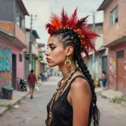 Alberto Mielgo portrait design of an afropunk female character in a favela street, medium shot, asymmetrical, profile picture, painting by Alberto Mielgo and Laurie Greasley and Lois van Baarle, trending on artstation,