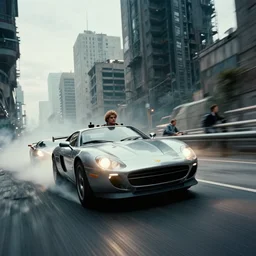 a beautiful cinematic photograph of a dystopian high speed chase in a brutalist city by greg rutkowski and mark romanek and christopher nolan, sci - fi