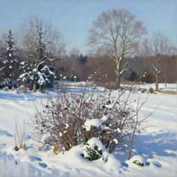 a winter landscape with shrubs and trees on a clear day, in divisionism style