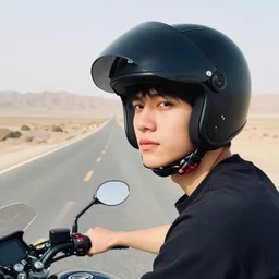 head and shoulder portrait photo of young man with a black modular helmet, on a desert road with a motorcycle, mountains in the background, sunset, golden hour, backlit, smooth volumetric light, highly detailed masterpiece by hy money and atiba jefferson and lucas murnaghan