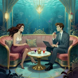 beautiful Peter Mohrbach and tyler edlin highly detailed illustration of an underwater art deco lounge