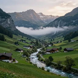 beautiful valley with a river and villages between mountains with misty waterfalls during dawn in austria, ultra realistic!!!, professional photograph, deep focus, high detail,